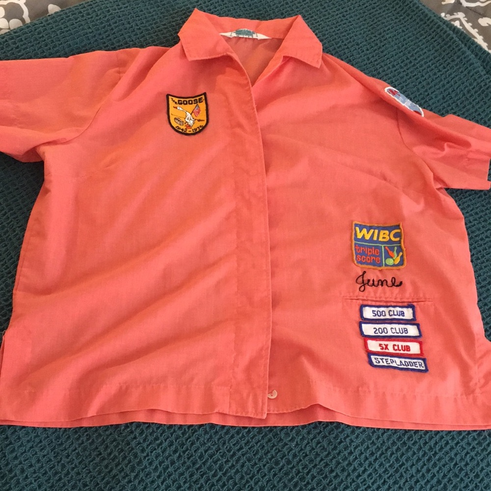 Button down collared Bowling shirt vintage 1970’s patched pink orange 1X